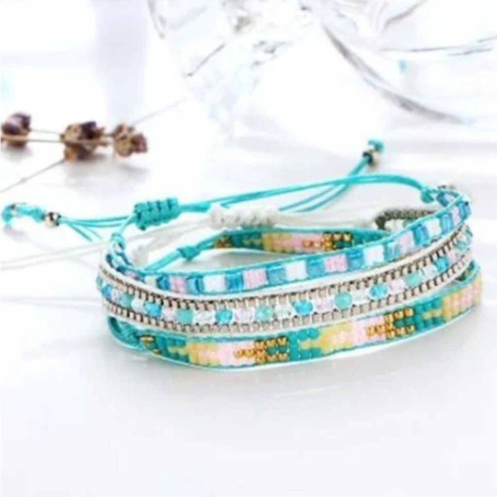 Boho Turquoise Beads Woven Rope Bracelet Set Handmade 17$